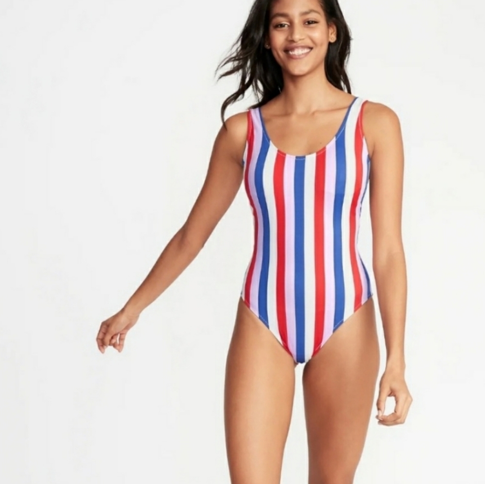 OLD NAVY Women's XL Red Blue White Striped One Piece Swimsuit Patriotic